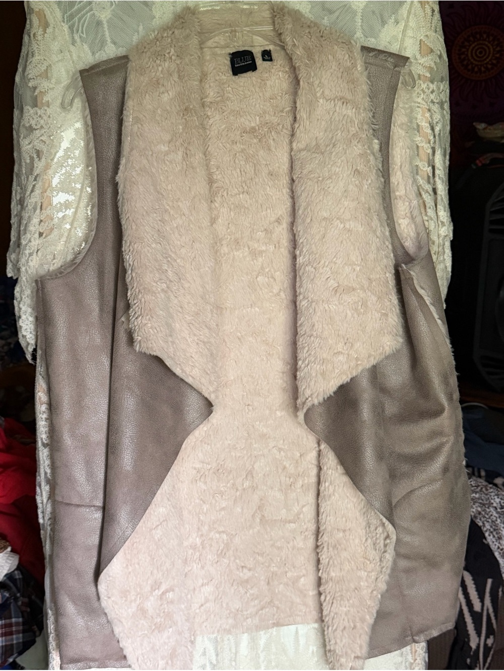 Saks Fifth Avenue Taupe Outer with Cream Faux Shearling Vest